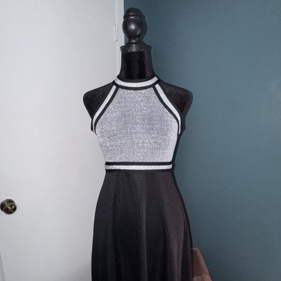 Vintage 60's 70's Mod Empire Waist  Silver Black Halter Knit Maxi Dress XS/S - Picture 2 of 16